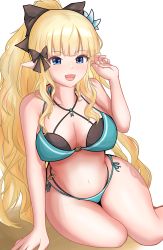 Rule 34 | 1girl, absurdres, bikini, black bow, blonde hair, blue eyes, blush, bow, breasts, elf, flower, hair bow, hair flower, hair ornament, highres, large breasts, long hair, looking at viewer, navel, open mouth, pointy ears, ponytail, princess connect!, raldest, saren (princess connect!), saren (summer) (princess connect!), smile, solo, swimsuit