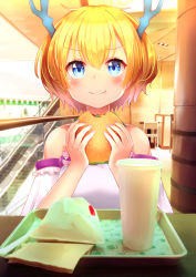 Rule 34 | 1girl, bare shoulders, blonde hair, blue eyes, blush, brown hair, burger, commentary, detached sleeves, eating, food, holding, holding food, horns, indoors, looking at viewer, original, sitting, smile, solo, sylphine