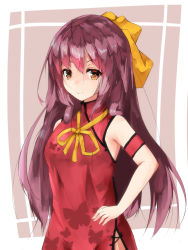 Rule 34 | 1girl, alternate costume, armpits, blush, bow, breasts, china dress, chinese clothes, closed mouth, dress, hair between eyes, hair bow, hand on own hip, highres, kamikaze (kancolle), kantai collection, long hair, mr. kr, orange eyes, purple hair, side slit, small breasts, solo, yellow bow