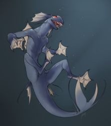 Rule 34 | air bubble, bubble, commentary, english commentary, fins, grey background, head fins, highres, liche (wiggly liche), monster, no humans, open mouth, original, red eyes, sharp teeth, signature, solo, teeth, underwater, webbed hands