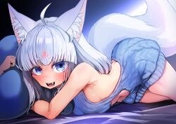 Rule 34 | 1girl, animal ear fluff, animal ears, aran sweater, arched back, backless dress, backless outfit, bare shoulders, blue eyes, blunt bangs, blush, breasts, cable knit, clothing cutout, commentary request, dress, facial mark, fangs, fox ears, fox girl, fox tail, green headwear, halterneck, highres, hime cut, hugging object, indie virtual youtuber, kajimakoto, kitsune, kotonoha yukino, looking at viewer, meme attire, naked sweater, off shoulder, open mouth, paid reward available, pillow, pillow hug, ribbed sweater, sideboob, sleeveless, sleeveless turtleneck, small breasts, smile, solo, stomach cutout, sweater, sweater dress, tail, turtleneck, turtleneck sweater, virgin killer sweater, virtual youtuber
