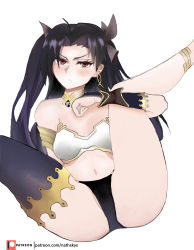 Rule 34 | 1girl, bad source, bikini, black hair, censored, fanservice, fate/grand order, fate (series), highres, ishtar (fate), long hair, mismatched bikini, shorts, sky, solo, stomach, swimsuit, thighs, twilight, twitter username, very long hair, wading, white shorts