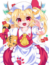 Rule 34 | 1girl, 2022, :d, animal ear fluff, animal ears, animal hands, apron, bear ears, blonde hair, blush, chinese zodiac, claw pose, collarbone, fang, fang out, fangs, feet out of frame, flandre scarlet, frilled apron, frills, gloves, hair between eyes, hat, looking at viewer, mob cap, nail polish, new year, open mouth, paw print, red eyes, red nails, red skirt, red vest, simple background, skirt, skirt set, smile, solo, standing, tail, tiger ears, tiger tail, tongue, touhou, user kcgn3755, v-shaped eyebrows, vest, waist apron, white apron, white background, wing collar, x x, year of the tiger