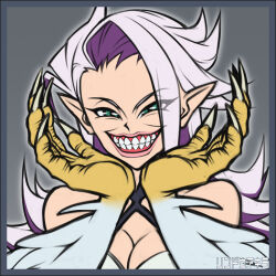Rule 34 | bare shoulders, breasts, cleavage, colored inner hair, duel monster, feathers, green eyes, grey background, hands framing own cheeks, harpie conductor, harpy, large breasts, lips, long hair, monster girl, multicolored hair, pot of greed, purple hair, rindou akira, smile, swept bangs, teeth, white feathers, white hair, white wings, winged arms, wings, yu-gi-oh!