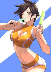Rule 34 | absurdres, black hair, breasts, brown eyes, clash kuro neko, cleavage, cleavage cutout, clothing cutout, food, food in mouth, heart cutout, highres, hot, looking at viewer, medium breasts, navel, one eye closed, orange shorts, overwatch, overwatch 1, popsicle, short hair, short shorts, shorts, solo, spiked hair, sweat, toned, tracer (overwatch)