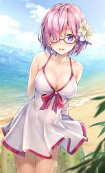 Rule 34 | 1girl, arm behind back, arms behind back, beach, blush, breasts, bush, cleavage, cloud, collarbone, cowboy shot, day, dress, eyes visible through hair, fate/grand order, fate (series), flower, glasses, hair between eyes, hair flower, hair ornament, hair over one eye, holding, holding swim ring, innertube, koyuki (kotatsu358), leaf, looking at viewer, mash kyrielight, mash kyrielight (swimsuit of perpetual summer), medium breasts, ocean, official alternate costume, open mouth, outdoors, pink hair, purple eyes, short hair, sky, sleeveless, sleeveless dress, smile, solo, standing, swim ring, teeth, upper body, white dress