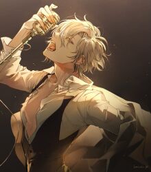 Rule 34 | 1boy, collar, collared shirt, fangs, gradient background, half-closed eyes, highres, holding, holding microphone, holding microphone stand, komichi akina, male focus, microphone, microphone stand, mole, mole under mouth, music, nipple slip, nipples, open clothes, shirt, signature, singing, waistcoat, white hair, yellow nails
