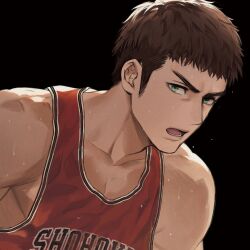 Rule 34 | 1boy, aqua eyes, basketball jersey, basketball uniform, black background, brown hair, foxda25, highres, looking at viewer, male focus, medium sideburns, mitsui hisashi, muscular, muscular male, open mouth, pectoral cleavage, pectorals, red tank top, short hair, sidepec, simple background, slam dunk (series), solo, sportswear, sweat, tank top, upper body, v-shaped eyebrows