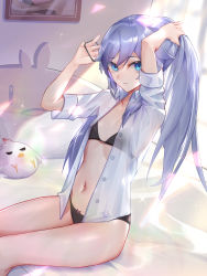 Rule 34 | 1girl, absurdres, arms up, bed, bed sheet, black bra, black panties, blue eyes, blue hair, bra, breasts, collared shirt, dress shirt, from side, fu hua, hair tie, hairdressing, highres, honkai (series), honkai impact 3rd, long hair, looking at viewer, looking to the side, navel, no pants, on bed, panties, parted lips, pillow, see-through, shirt, short sleeves, sitting, small breasts, solo, sparkle, stomach, stuffed chicken, thighs, tying hair, unbuttoned, unbuttoned shirt, underwear, very long hair, white shirt, wucanming