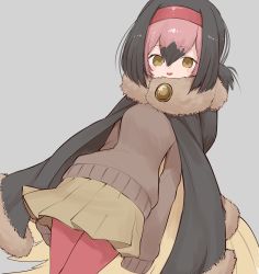 Rule 34 | 1girl, :d, absurdres, bird tail, black hair, blush, brown sweater, commentary request, dodo (kemono friends), empty eyes, fur collar, fur trim, grey background, hair between eyes, hairband, highres, hood, hood down, kemono friends, long sleeves, looking down, multicolored hair, notora, open mouth, pantyhose, pink hair, pleated skirt, poncho, red hairband, red pantyhose, shirt, short hair, skirt, smile, solo, sweater, tail, wide sleeves, yellow eyes