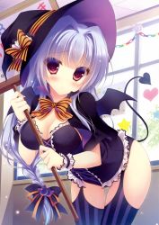 Rule 34 | 1girl, absurdres, bent over, blue hair, blush, braid, breasts, capelet, cleavage, costume, demon tail, demon wings, dengeki moeou, frills, garter straps, halloween, hat, highres, long hair, original, purple eyes, scan, solo, striped clothes, striped thighhighs, tail, thighhighs, vertical-striped clothes, vertical-striped thighhighs, very long hair, wings, witch hat, wrist cuffs, yukie (peach candy)