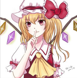 Rule 34 | 1girl, ascot, blonde hair, dated, finger to mouth, flandre scarlet, hat, mikey3325, mob cap, puffy short sleeves, puffy sleeves, red eyes, short hair, short sleeves, smile, solo, touhou, upper body, wings