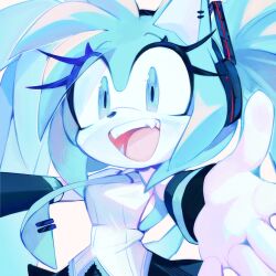 Rule 34 | black skirt, black sleeves, blue eyes, blue fur, blue necktie, body fur, detached sleeves, dumbkami 2, fang, furry, furry female, hatsune miku, headphones, highres, long hair, looking at viewer, necktie, open mouth, outstretched arms, shirt, simple background, skirt, sleeveless, sleeveless shirt, sonic (series), teeth, twintails, upper body, vocaloid, white background