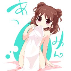 Rule 34 | 10s, 1girl, biting, biting clothes, blush, breasts, brown hair, character name, covering privates, double bun, hair bun, idolmaster, idolmaster cinderella girls, munakata atsumi, nude, nude cover, partially submerged, purple eyes, short hair, simple background, small breasts, smile, solo, towel, usoneko