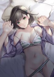 Rule 34 | 1boy, 1girl, akatsuki hijiri, bed sheet, blush, bra, breasts, brown hair, closed mouth, copyright request, cover image, cowboy shot, cushion, green bra, green eyes, green panties, hair ornament, hetero, highres, indoors, looking at viewer, lying, medium breasts, navel, novel illustration, off shoulder, official art, on back, open clothes, panties, panty pull, pov, pov hands, short hair, stomach, strap slip, striped bra, striped clothes, striped panties, textless version, underwear