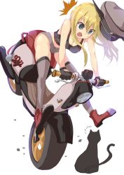 Rule 34 | 10s, 1girl, absurdres, adapted costume, armadillo-tokage, bad id, bad twitter id, bare shoulders, bismarck (kancolle), blonde hair, blue eyes, breasts, cat, hat, highres, kantai collection, long hair, motor vehicle, motorcycle, open mouth, peaked cap, scooter, simple background, sketch, solo, thighhighs, unsinkable sam, vehicle