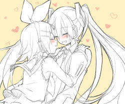 Rule 34 | 2girls, bare shoulders, blush, bow, detached sleeves, closed eyes, face-to-face, hair bow, hair ornament, hairclip, hands on another&#039;s shoulders, hatsune miku, headphones, headset, heart, imminent kiss, kagamine rin, leaning forward, long hair, monochrome, multiple girls, necktie, puckered lips, shirt, shoulder grab, sketch, sleeveless, sleeveless shirt, sudachi (calendar), twintails, very long hair, vocaloid, yellow background, yuri