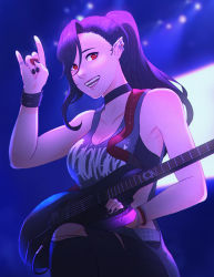 Rule 34 | 1girl, black bra, black choker, black hair, black nails, blurry, blurry background, bra, bracelet, breasts, choker, cleavage, earrings, electric guitar, elezen, elf, fender (company), final fantasy, final fantasy xiv, guitar, hair between eyes, highres, hilda ware, holding, holding instrument, hybrid, hyur, instrument, jewelry, koyorin, looking at viewer, nail polish, open mouth, pants, pointy ears, ponytail, red eyes, ring, sleeveless, solo, torn clothes, torn pants, underwear
