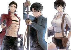 Rule 34 | 1girl, 2boys, abs, aged up, aiming, aiming at viewer, arm up, belt pouch, black hair, black pants, black shirt, black shorts, breasts, brown gloves, cleavage, coat, collarbone, collared shirt, column lineup, commentary, cosplay, cowboy shot, cropped shirt, dante (devil may cry), dante (devil may cry) (cosplay), devil may cry (series), dress shirt, dual wielding, english commentary, eren yeager, finger on trigger, fingerless gloves, frown, furrowed brow, gloves, green eyes, hair between eyes, highres, holding, holding sword, holding weapon, lady (devil may cry), lady (devil may cry) (cosplay), levi (shingeki no kyojin), long sleeves, looking at viewer, midriff, mikasa ackerman, multiple boys, no shirt, outstretched arm, pants, parted bangs, parted lips, pouch, purple eyes, rainbuniart, red coat, reverse grip, sheath, shingeki no kyojin, shirt, short hair, short shorts, shorts, simple background, sword, toned, toned male, twitter username, unsheathing, vergil (devil may cry), vergil (devil may cry) (cosplay), weapon, white background, white shirt