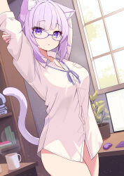 Rule 34 | 1girl, :d, animal ear fluff, animal ears, book, breasts, cat ears, cat girl, cat tail, coffee mug, cup, highres, hololive, indoors, keyboard (computer), large breasts, looking at viewer, monitor, mouse (computer), mug, nekomata okayu, onigirya (nekomata okayu), open mouth, parijennu222, plant, potted plant, purple-framed eyewear, purple eyes, purple hair, purple ribbon, ribbon, shelf, shirt, short hair, smile, solo, stretching, tail, thighs, virtual youtuber, white shirt