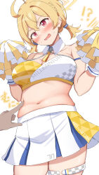 Rule 34 | !?, 1girl, 1other, absurdres, ahoge, poking belly, blonde hair, blue archive, breasts, cheerleader, cleavage, commentary request, halo, highres, holding, holding pom poms, kotori (blue archive), kotori (cheer squad) (blue archive), large breasts, millennium cheerleader outfit (blue archive), nagomian, navel, official alternate costume, plump, pom pom (cheerleading), pom poms, red eyes, short hair, short twintails, simple background, skirt, solo focus, triangle halo, twintails, white background, white skirt, yellow halo