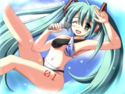 Rule 34 | 1girl, armpits, bad id, bad pixiv id, bikini, blush, breasts, cloud, collarbone, green eyes, green hair, hatsune miku, headset, leg tattoo, long hair, looking at viewer, microphone, mumei (pokolv), navel, one eye closed, open mouth, sky, small breasts, smile, solo, swimsuit, tattoo, twintails, very long hair, vocaloid, wink