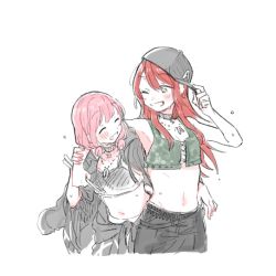 Rule 34 | 2girls, ^ ^, adjusting clothes, adjusting headwear, arm around shoulder, armpits, bang dream!, baseball cap, black hat, black jacket, black pants, blush, bowwow (hamju94), breasts, camouflage, choker, cleavage, closed eyes, clothes around waist, crop top, drumsticks, grin, hand on another&#039;s arm, hat, holding, holding drumsticks, jacket, jacket around waist, jacket on shoulders, jewelry, long hair, looking at another, low twintails, medium hair, multiple girls, one eye closed, pants, pendant, pink hair, red hair, smile, stomach, sweat, twintails, udagawa tomoe, uehara himari, white background