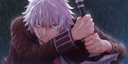 Rule 34 | 1boy, angry, black coat, blue background, blue eyes, charles-henri sanson (fate), clenched teeth, coat, fate/grand order, fate (series), highres, holding, holding sword, holding weapon, looking at viewer, male focus, messy hair, rain, solo, sword, teeth, uneven eyes, upper body, weapon, wet, white hair, yuurei447