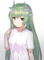 Rule 34 | 1girl, alternate costume, blouse, blush, breasts, chinese commentary, closed mouth, commentary request, fate/grand order, fate (series), gradient background, green eyes, green hair, grey background, highres, horns, kiyohime (fate), looking at viewer, medium breasts, nagisa (cxcx5235), shirt, short sleeves, sidelocks, solo, straight hair, striped, upper body, vertical stripes, white shirt