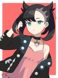 1girl :o asymmetrical_bangs black_choker black_jacket border choker commentary_request creatures_(company) dress earrings game_freak green_eyes hand_up highres jacket jewelry kuma_(pmnt3825) marnie_(pokemon) nintendo parted_lips pink_dress pokemon red_background single_bare_shoulder solo stud_earrings twintails undercut upper_body white_border