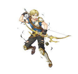 Rule 34 | 1boy, blonde hair, blue eyes, brown pants, clenched teeth, febail (fire emblem), fingerless gloves, fire emblem, fire emblem: genealogy of the holy war, full body, gloves, headband, male focus, nintendo, official art, one eye closed, pants, quiver, single shoulder pad, solo, teeth, torn clothes, v-shaped eyebrows, white background, white headband