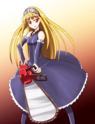 Rule 34 | 00s, blonde hair, chainsaw, crown, dress, gloves, hat, hime (kaibutsu oujo), kaibutsu oujo, red eyes, solo, thighhighs, tiara, yn1982