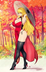 Rule 34 | 1girl, autumn, bare shoulders, black thighhighs, blonde hair, breasts, china dress, chinese clothes, cleavage, covered navel, curvy, dress, full body, hair between eyes, hand in own hair, highres, holding, holding umbrella, huge breasts, large breasts, long hair, mole, mole on breast, mole under eye, original, outdoors, panties, red dress, red eyes, side-tie panties, side slit, skin tight, smile, solo, standing, thick thighs, thighhighs, thighs, tree, umbrella, underwear, zcune
