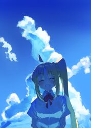 Rule 34 | 1girl, ahoge, blue sky, blush, bocchi the rock!, braid, cloud, commentary, detached ahoge, grin, hashtag only commentary, highres, ijichi nijika, long hair, one eye closed, school uniform, side ponytail, sidelocks, sky, smile, solo, takopi15, upper body, wet, wet clothes