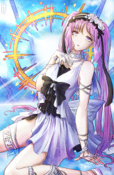 Rule 34 | 1girl, bad id, bad pixiv id, bare shoulders, black bow, black ribbon, blue background, bow, commentary, dress, euryale (fate), expulse, fate/grand order, fate/hollow ataraxia, fate (series), flower, hairband, highres, jewelry, light, lolita hairband, long hair, looking at viewer, necklace, open mouth, purple eyes, purple hair, ribbon, sitting, twintails, white dress, white flower, white footwear