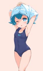Rule 34 | 1girl, ;o, armpits, arms up, blue eyes, blue hair, blush, breasts, cameltoe, clothes pull, covered navel, creatures (company), game freak, garun wattanawessako, highres, hip focus, lana (pokemon), nintendo, one eye closed, open mouth, pants, pants pull, pokemon, pokemon (anime), pokemon sm, pokemon sm (anime), shirt, short hair, simple background, sleeveless, small breasts, solo, trial captain, undressing, white background
