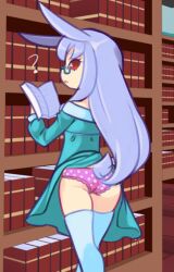Rule 34 | 1girl, ?, amy (ryuhi), animal ears, ass, book, bookshelf, clothes lift, drantyno, dress, dress lift, from behind, glasses, green dress, grey hair, highres, holding, library, long sleeves, looking at viewer, looking back, panties, pink panties, polka dot, polka dot panties, rabbit ears, rabbit girl, rabbit tail, red eyes, standing, tail, thighhighs, underwear, white thighhighs