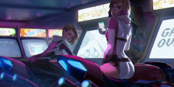 Rule 34 | 2019, 2girls, arcade, arcade cabinet, artist name, ass, asymmetrical hair, belt, blonde hair, blue eyes, bodysuit, cellphone, chromatic aberration, dual persona, gwen stacy, gwenpool, highres, hood, hood down, hooded bodysuit, leotard, looking at viewer, looking back, lucia hsiang, marvel, multicolored hair, multiple girls, phone, riding, riding machine, short hair, smartphone, smile, spider-gwen, spider-man: into the spider-verse, spider-man (series), spider-verse, spider web print, strap, superhero costume, two-tone hair, undercut, utility belt