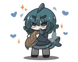 Rule 34 | +++, 1girl, :t, afterimage, black footwear, black hoodie, blue eyes, blue hair, blush, chibi, closed mouth, commentary request, eating, fins, fish tail, food, fuka-chan, full body, grey pantyhose, grey skirt, heart, highres, holding, holding food, hood, hood down, hoodie, original, pantyhose, sandwich, shadow, shark tail, shoes, short eyebrows, simple background, skirt, solo, standing, tail, tail wagging, thick eyebrows, uni souchou, wavy mouth, white background