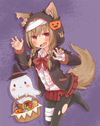 Rule 34 | 1girl, animal ears, bandages, basket, blush, bow, braid, brown hair, candy, commentary request, dennou usagi, doughnut, ears through headwear, fang, food, ghost, halloween, hat, jack-o&#039;-lantern, notched ear, open mouth, original, pantyhose, pleated skirt, pumpkin, purple background, red eyes, skirt, solo focus, tail, torn clothes, torn legwear, twin braids, witch hat, wolf ears, wolf tail