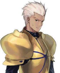 Rule 34 | 1boy, archer (fate), armor, closed mouth, cosplay, dark-skinned male, dark skin, fate/stay night, fate (series), gilgamesh (fate), gilgamesh (fate) (cosplay), gold armor, grey eyes, highres, male focus, simple background, sketch, solo, spiked hair, sweatdrop, upper body, white background, white hair, zonotaida