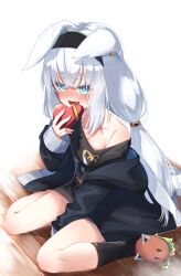 Rule 34 | 1girl, ahoge, animal ears, black hairband, black jacket, black shirt, black socks, blue eyes, blush, box, breasts, burger, commentary request, earrings, ears down, fang, food, fox ears, fox girl, gift, gift box, hair between eyes, hairband, hand up, highres, hiiragi kifuyu, holding, holding gift, hololive, jacket, jewelry, long hair, long sleeves, looking down, low twintails, medium breasts, nejima kitsune (shirakami fubuki), nervous, on floor, open clothes, open jacket, open mouth, shirakami fubuki, shirakami fubuki (7th costume), shirt, sidelocks, single bare shoulder, single earring, sitting, skin fang, slippers, smile, socks, solo, twintails, valentine, virtual youtuber, wariza, white background, white hair, wide sleeves, wooden floor