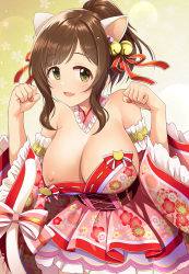 Rule 34 | 1girl, :d, animal ears, bare shoulders, bell, blush, breasts, brown hair, cat ears, cat tail, cleavage, commentary request, cowboy shot, detached collar, detached sleeves, dress, fang, floral background, floral print, frilled dress, frilled sleeves, frills, green background, green eyes, hair intakes, high ponytail, highres, idolmaster, idolmaster cinderella girls, idolmaster cinderella girls starlight stage, large breasts, looking at viewer, maekawa miku, mk (mod0), nail polish, nipple slip, nipples, open mouth, paw pose, pink dress, red nails, red ribbon, ribbon, sidelocks, smile, solo, strapless, strapless dress, tail, tail ornament, tail ribbon, wardrobe malfunction, wide sleeves