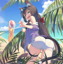 Rule 34 | 2girls, absurdres, animal ear fluff, animal ears, arms up, ass, ball, bare shoulders, beachball, black hair, blonde hair, blue sky, bow, breasts, cat ears, cloud, cowboy shot, day, eyewear on head, fang, from behind, green eyes, hair bow, highres, holding, holding ball, karyl (princess connect!), long hair, looking at viewer, looking back, medium breasts, multiple girls, nian (zhanian), ocean, off shoulder, open mouth, pantylines, pecorine (princess connect!), princess connect!, red bow, short shorts, shorts, sky, standing, sunglasses, thigh strap, thighs, very long hair, water, white shorts