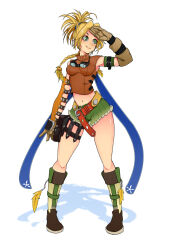 Rule 34 | 1girl, belt, blonde hair, boots, crop top, delux drawings, elbow gloves, final fantasy, final fantasy x, full body, gloves, green eyes, highres, knee boots, loose belt, navel, rikku (ff10), short shorts, shorts, sleeveless, smile, solo, standing, stomach