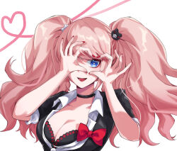 Rule 34 | 1girl, absurdres, bear hair ornament, black bra, black choker, black shirt, blonde hair, blue eyes, bow, bra, breasts, choker, cleavage, commentary request, enoshima junko, hair ornament, hands up, heart, heart hands, highres, hy (fjvlg), large breasts, one eye covered, red bow, shirt, smile, solo, twintails, underwear, upper body, white background