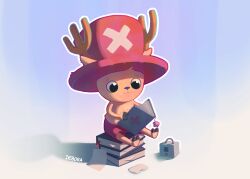 Rule 34 | 1boy, absurdres, animal ears, antlers, antlers through headwear, artist name, black eyes, book, closed mouth, commentary, deboranag, deer ears, english commentary, full body, hat, highres, holding, holding book, hooves, horns, male focus, one piece, open book, pink hat, reading, reindeer antlers, sitting, sitting on books, smile, solo, tony tony chopper