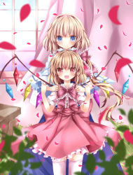 Rule 34 | 2girls, alice margatroid, bad id, bad pixiv id, blonde hair, blue dress, blue eyes, blush, bow, capelet, crystal, curtains, dress, female focus, flandre scarlet, hair bow, hairband, hands on shoulders, holding another&#039;s wrist, multiple girls, nanase nao, no headwear, no headwear, open mouth, petals, puffy sleeves, red dress, red eyes, shirt, short hair, short sleeves, side ponytail, smile, thighhighs, third eye, touhou, white legwear, window, wings, zettai ryouiki