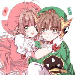 Rule 34 | 1boy, 1girl, ahoge, blush, bow, brown hair, cardcaptor sakura, clenched teeth, dress, ebcho199736, frilled dress, frills, gloves, green eyes, hair intakes, hat, heart, hug, kinomoto sakura, li xiaolang, looking at another, looking at viewer, looking to the side, puffy short sleeves, puffy sleeves, short sleeves, spoken heart, spoken sweatdrop, sweatdrop, teeth, tsurime, white background, white gloves