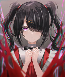 Rule 34 | 1girl, absurdres, aki uzuki3, ame-chan (needy girl overdose), black hair, blood, blush, bow, chromatic aberration, frown, hair ornament, hair over one eye, highres, looking at viewer, needy girl overdose, own hands together, purple eyes, solo, suspenders, twintails, two side up, x hair ornament